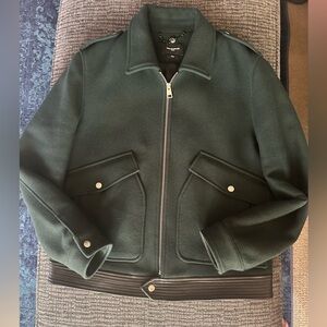 The Kooples Dark Green Bomber Jacket size L wool and leather
